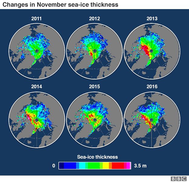 Series of maps showing the changes in Arctic sea-ice thickness