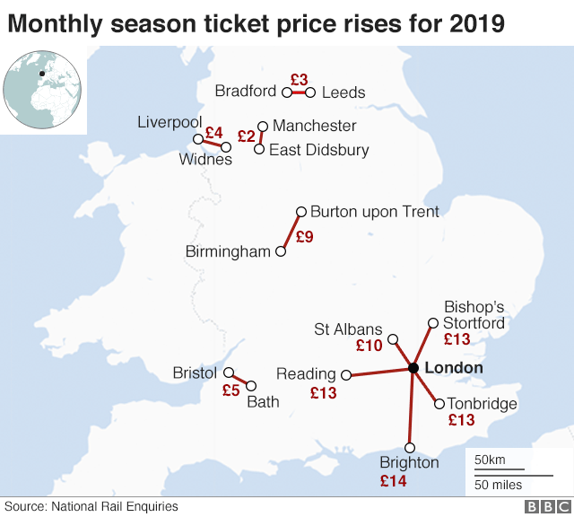 Map showing increase in season ticket prices