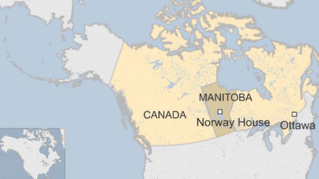 Map of Canada showing location of Norway House, in Manitoba province west of the capital, Ottawa