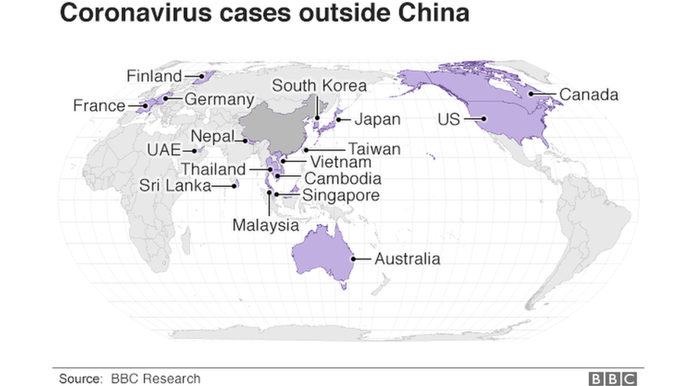 A map showing which countries have Coronavirus cases outside China