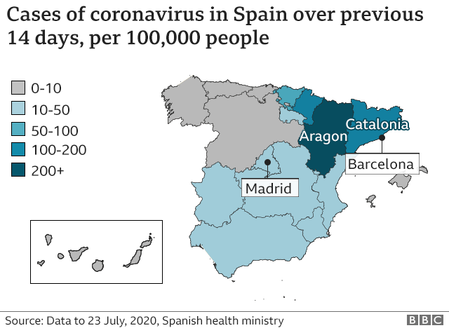 Map showing prevalence of coronavirus cases in Spain