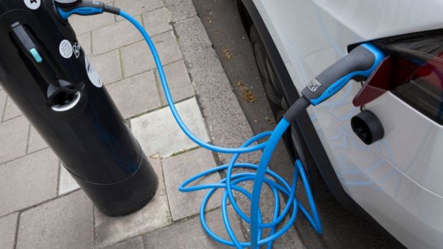 Auto eléctrico cargándose en una estación.