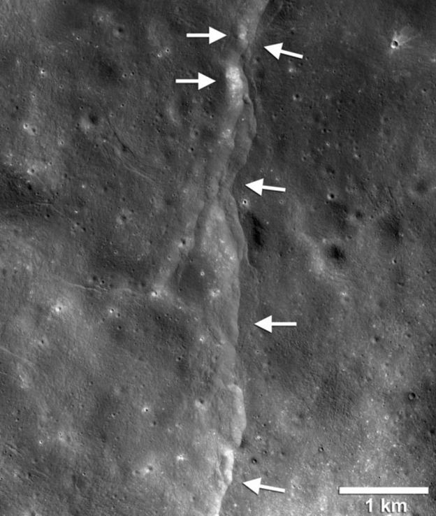 Setas apontando falhas na superfície da Lua