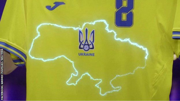 Ukraine's shirt, showing a map of Ukraine including Crimea