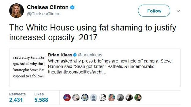Chelsea Clinton tweets: "The White House using fat shaming to justify increased opacity. 2017."