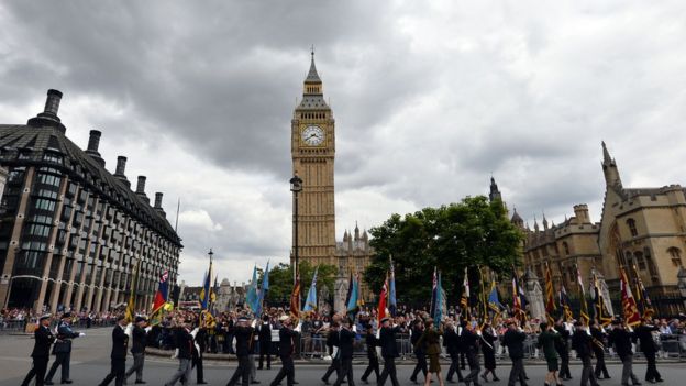 Flag bearers pass through Parliament Square as they take part in a parade from Horse Guards Parade to Westminster Abbey after a service of commemoration during the 70th Anniversary commemorations of VJ Day (Victory over Japan) on August 15, 2015 in London, England.