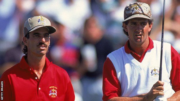 Amercians Corey Pavin and Steve Pate wear 'Desert Storm' caps during the 1991 Ryder Cup