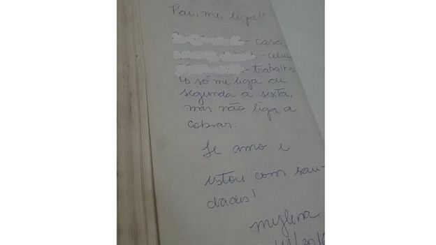 Bilhete deixado por Mylena para o pai