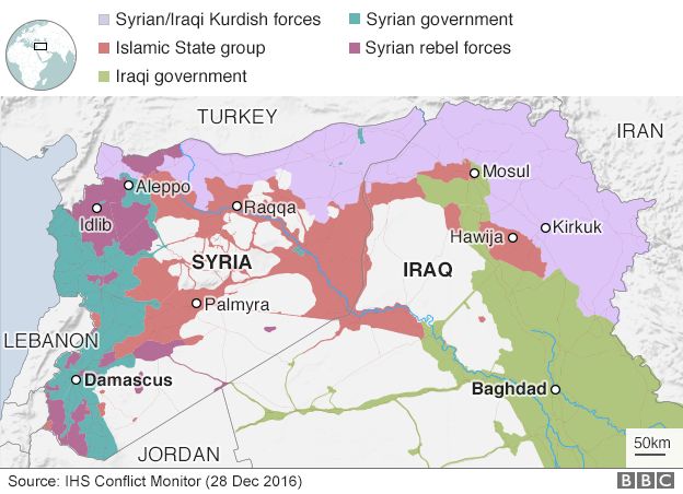 Map showing control of Syria and Iraq (28 December 2016)