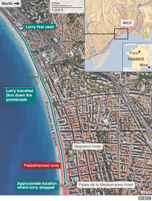 Map showing route taken in Nice attack - 15 July 2016