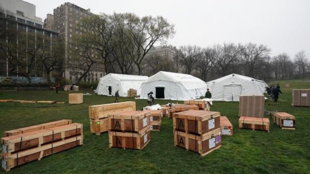 A field hospital has been built in Central Park as New York City deals with more than 33,000 cases