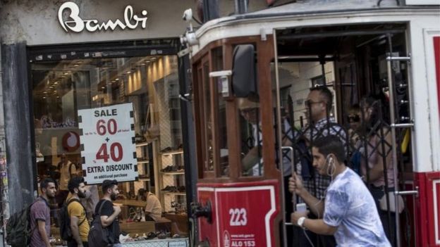 People shopping while a historical tram passes by in Istiklal Street in Istanbul