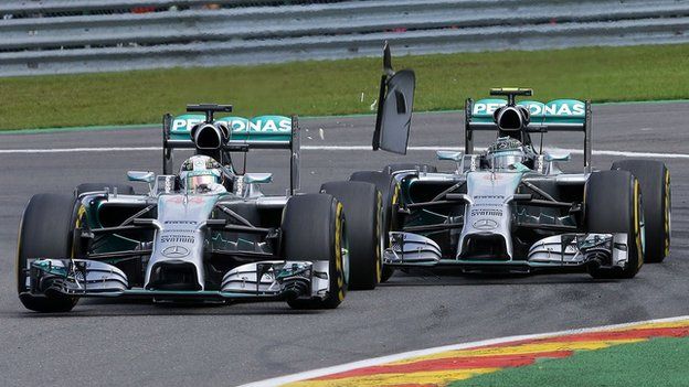 Nico Rosberg collides with Lewis Hamilton at the 2014 Belgian GP