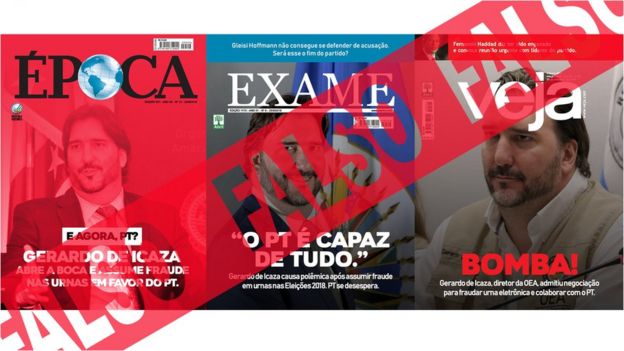 Covers of magazines of the traditional press falsified in another assembly - Epoca, Exam and Veja
