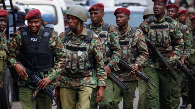 Kenyan security forces return from inside the hotel - 16 January