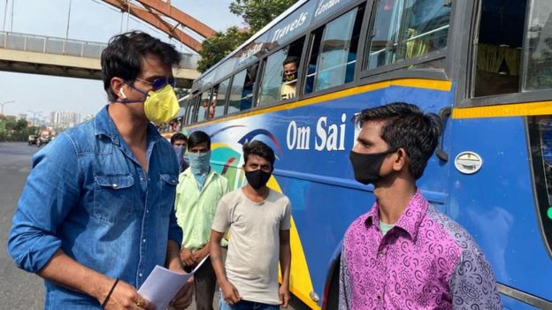 Sonu Sood with migrant workers