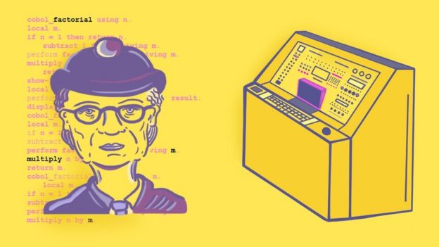 Ilustración de Grace Hopper y una computadora