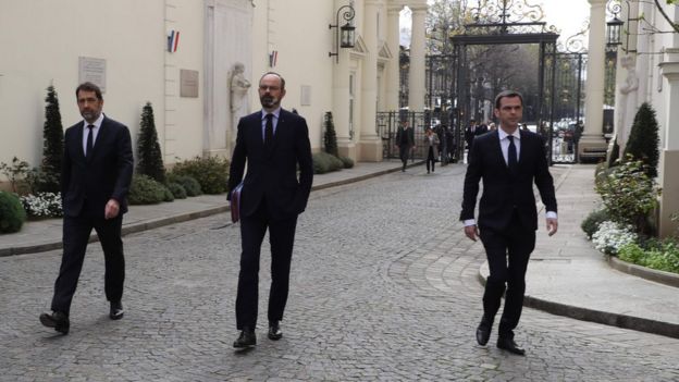Left to right: French Interior Minister Christophe Castaner, French Prime Minister Edouard Philippe, and French Health and Solidarity Minister Olivier Veran