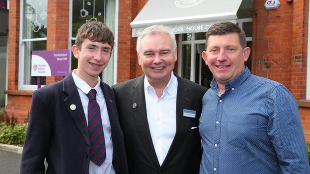 Young golf star, Tom McKibbin, Northern Ireland Children's Hospice Ambassador with Dad Robin and Eamonn Holmes, new NI Hospice Ambassador.