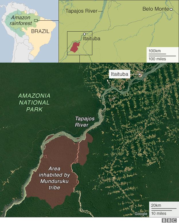 Map showing where the Munduruku tribe live in western Brazil