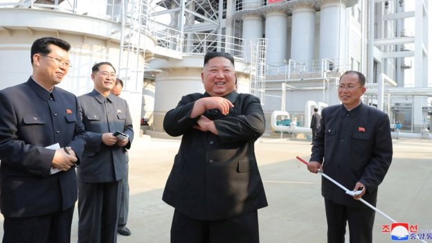 North Korean leader Kim Jong-un visits a fertiliser factory north of Pyongyang, reportedly on 2 May 2020
