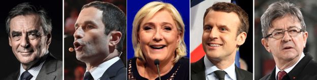 Từ trái sang là năm ứng viên chính: Francois Fillon, Benoît Hamon, Marine Le Pen, Emmanuel Macron và Jean-Luc Mélenchon