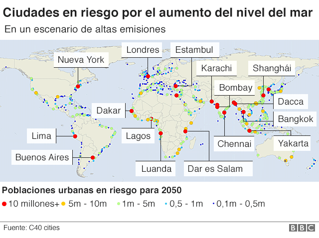 Ciudades en riesgo por el aumento en el nivel del mar para 2050 en un escenario de altas emisiones