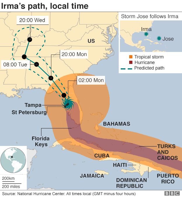 A map showing the projected path of Hurricane Irma