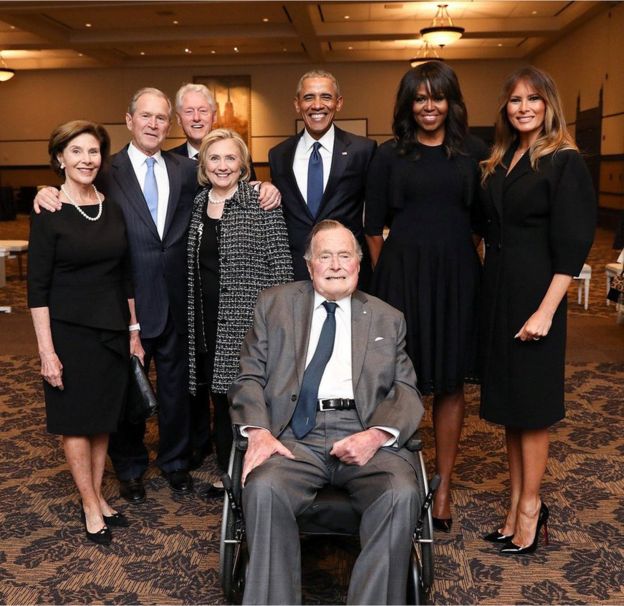 George H W Bush at Barbara Bush's funeral surrounded by former Presidents