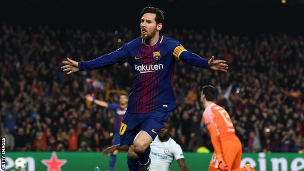 Lionel Messi celebrates scoring for Barcelona against Chelsea in the Champions League