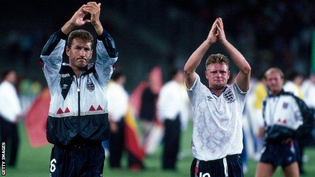 Terry Butcher and Paul Gascoigne after England's World Cup 1990 penalty shootout semi-final defeat by Germany