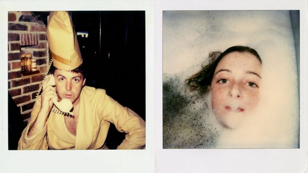 Polaroids showing Paul McCartney on the phone and daughter in the bath