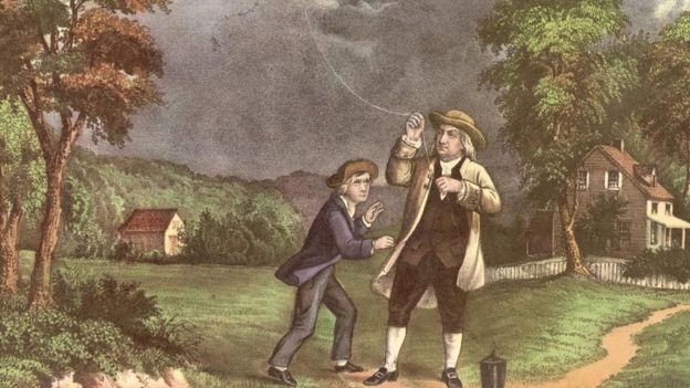 Ilustração de Benjamin Franklin empinando uma pipa