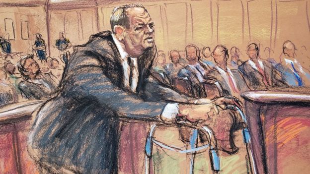 Ilustración de la comparecencia de Harvey Weinstein ante el tribunal de Manhattan