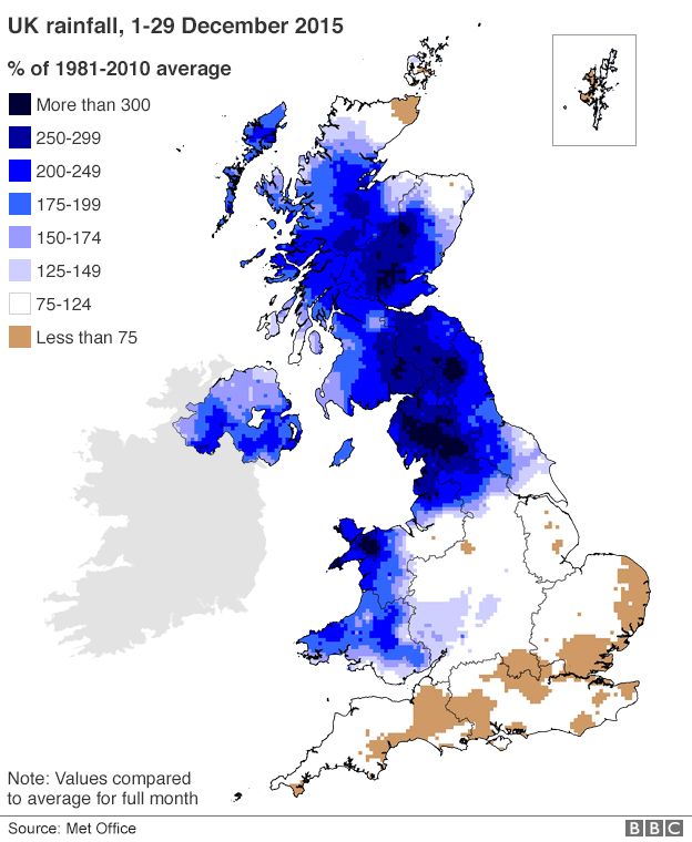 Map of rainfall across the UK in December 2015