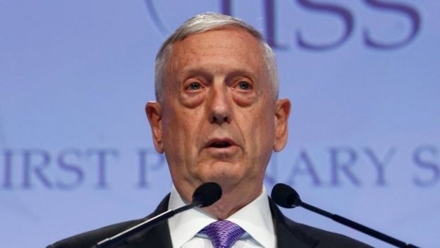 Janaraal Mattis ayaa u muuqdo inuu ku celinayo hadalkii ahaa in Mareykanku uusan dhabarka u jeedinayn Aasiya