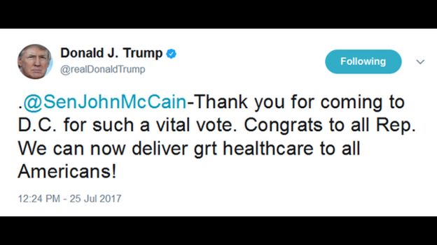 Mensaje de Donald Trump en Twitter.