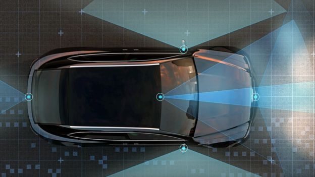 View of self-driving SUV on the road with sensing graphic pattern