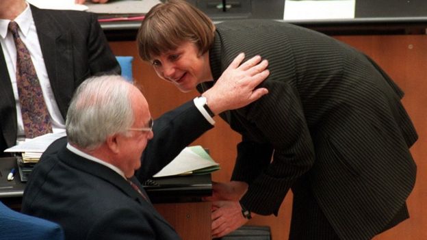 Former German Chancellor Helmut Kohl and Angela Merkel pictured in 1997