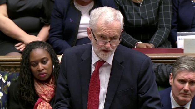 Labour party leader Jeremy Corbyn addresses Parliament after the vote on May"s Brexit deal, in London, Britain, January 15, 2019 in this screengrab taken from video