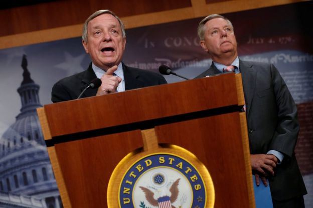 Senator Richard Durbin (left) and Senator Lindsey Graham at the US Capitol, 5 September