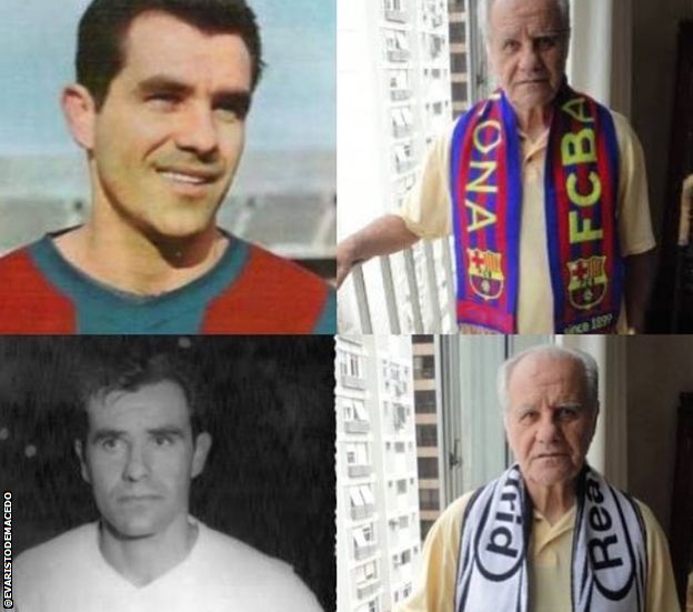 Evaristo pictured playing for Barcelona and Real Madrid in a collage photo that also includes two more recent images, pictured at home wearing the scarves of both sides