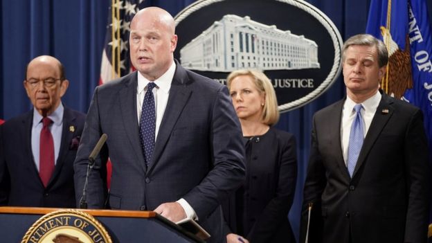 Acting US Attorney General Matthew Whitaker, Commerce Secretary Wilbur Ross (L), Homeland Security Secretary Kirstjen Nielsen and FBI Director Christopher Wray