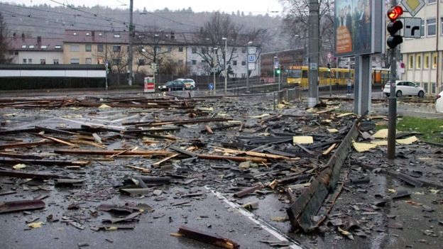 Debris of a roof lay in a street in Stuttgart, south-western Germany, after the region was hit by Storm Burglind on 3 January 2018