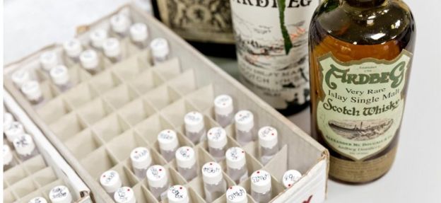 Scotch whisky bottles at Suerc laboratory