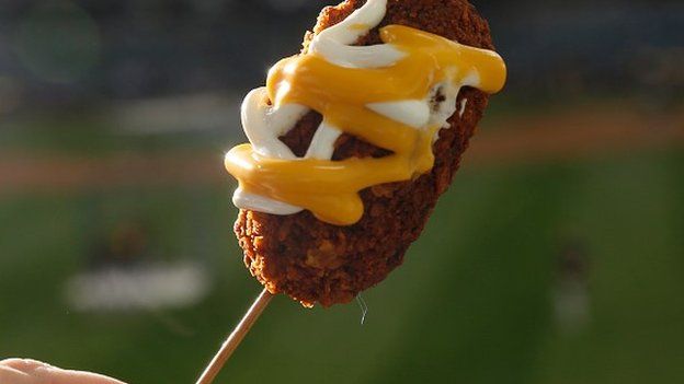 Nachos on a stick are shown before a game between the Milwaukee Brewers and Pittsburgh Pirates at Miller Park on April 10, 2015 in Milwaukee, Wisconsin