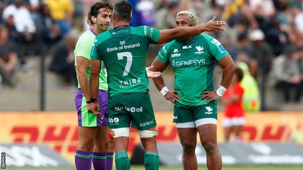 Bundee Aki (right) was sent off for a dangerous clear-out on Stormers winger Seabelo Senatla