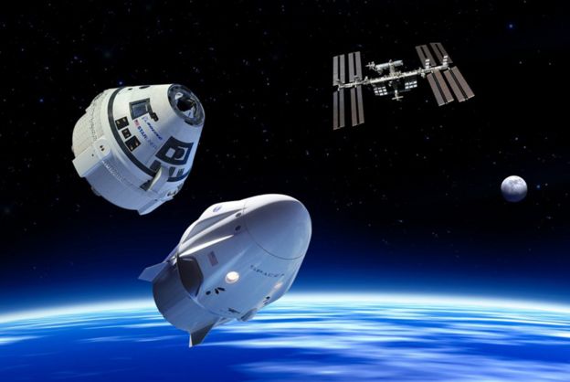 Boeing y SpaceX vehicles plus ISS