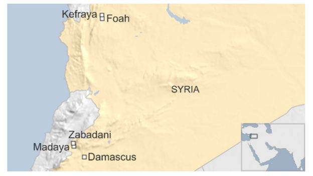 Map of Syria showing the besieged towns of Kefraya, Foah, Madaya and Zabadani