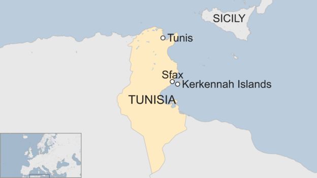 Map showing the location of the Kerkennah islands and the city of Sfax in relation to Tunisia's capital Tunis and the Italian island of Sicily